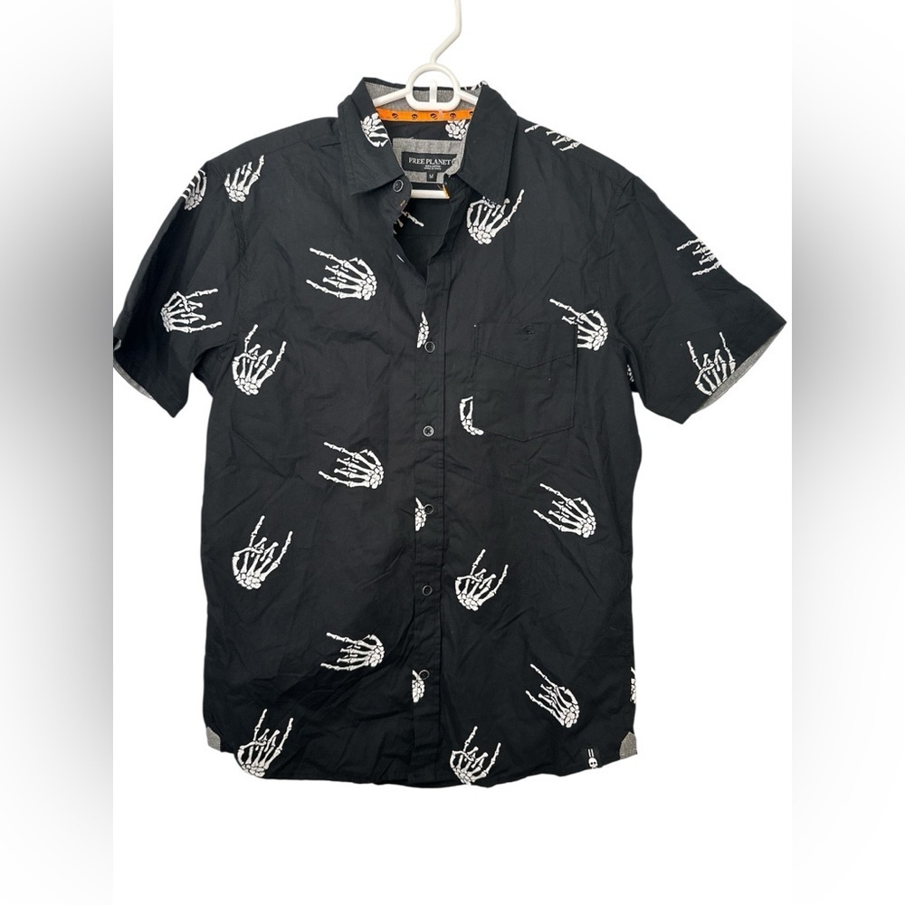 Free Planet Black White Skeleton Hand Print Button Down Short Sleeve Shirt NWT